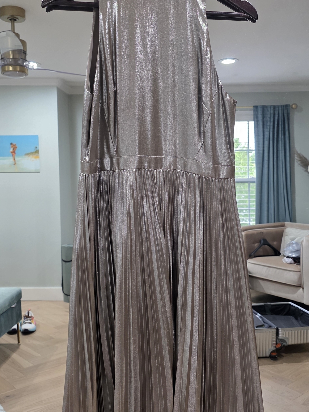 Ann Taylor Metallic Taupe Pleated Party Dress